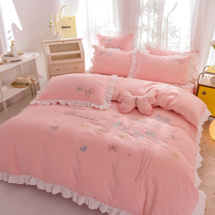 91家纺网 家纺一手货源 找家纺 欧冠 2023新款秋冬保暖云锦棉刺绣花边春卉系列四件套 春卉-粉玉