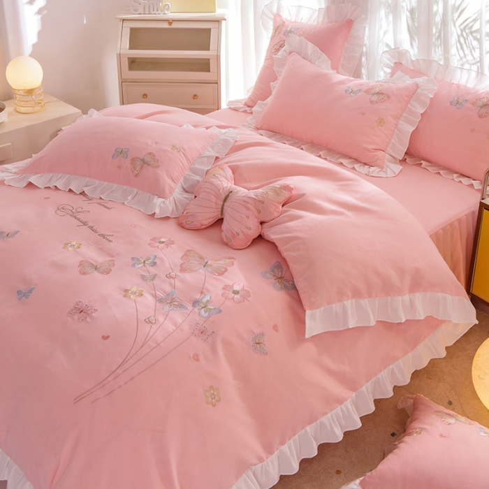 91家纺网 家纺一手货源 找家纺 欧冠 2023新款秋冬保暖云锦棉刺绣花边春卉系列四件套 春卉-粉玉