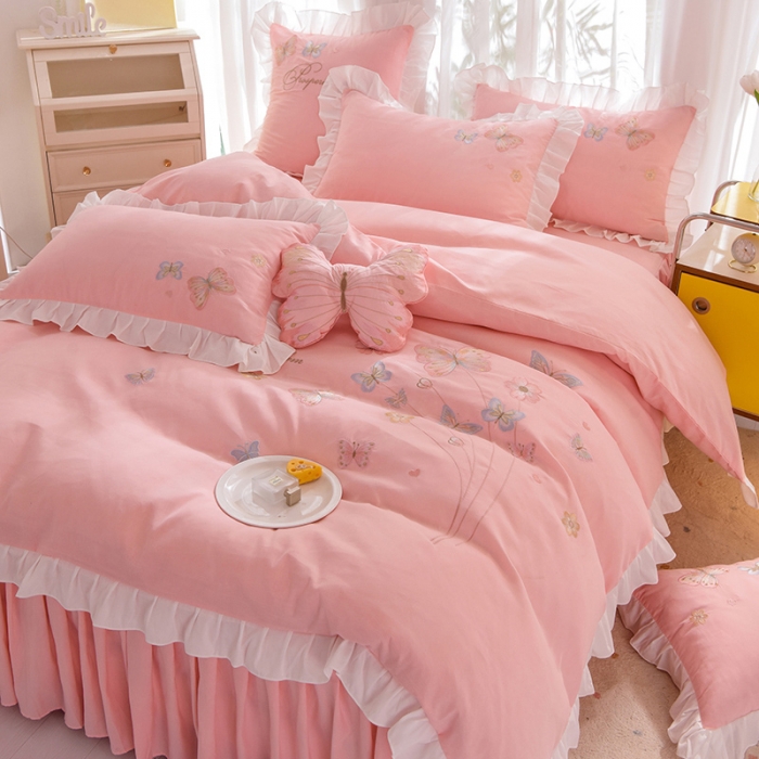 91家纺网 家纺一手货源 找家纺 欧冠 2023新款秋冬保暖云锦棉刺绣花边春卉系列四件套 春卉-粉玉