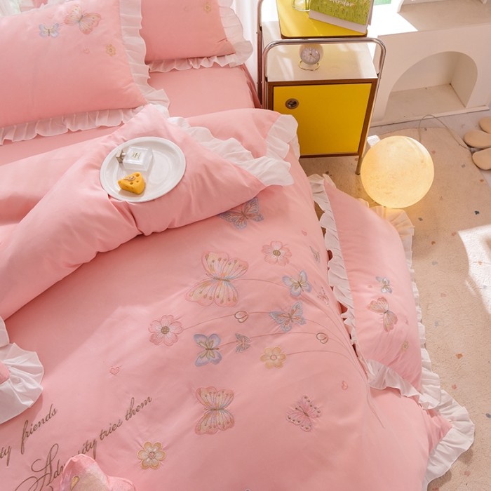 91家纺网 家纺一手货源 找家纺 欧冠 2023新款秋冬保暖云锦棉刺绣花边春卉系列四件套 春卉-粉玉