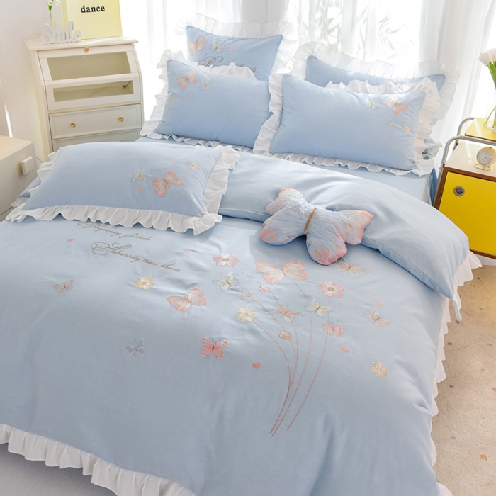 91家纺网 家纺一手货源 找家纺 欧冠 2023新款秋冬保暖云锦棉刺绣花边春卉系列四件套 春卉-慕蓝