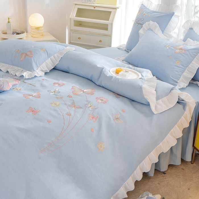 91家纺网 家纺一手货源 找家纺 欧冠 2023新款秋冬保暖云锦棉刺绣花边春卉系列四件套 春卉-慕蓝