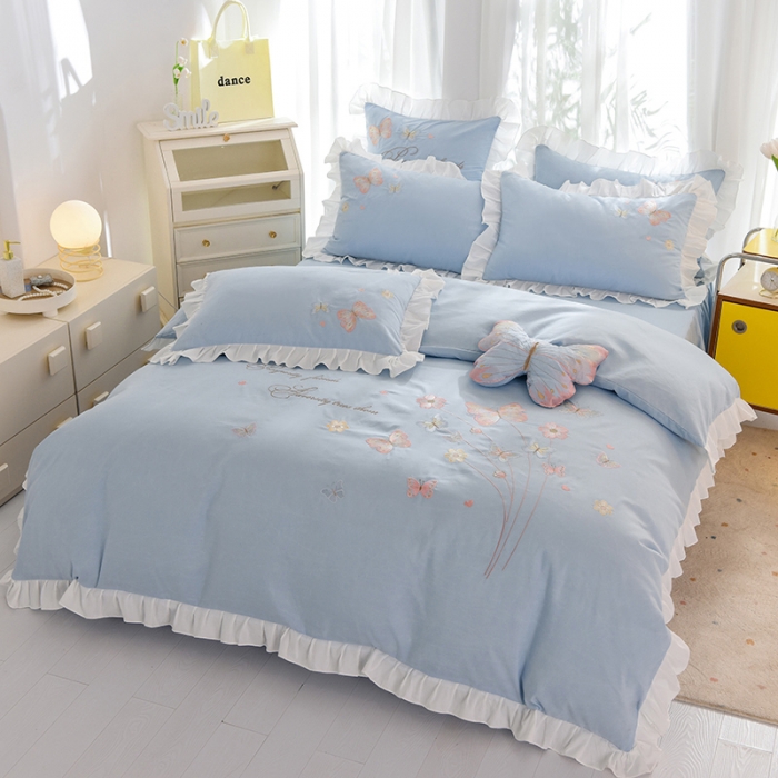 91家纺网 家纺一手货源 找家纺 欧冠 2023新款秋冬保暖云锦棉刺绣花边春卉系列四件套 春卉-慕蓝