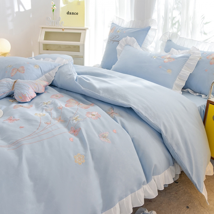 91家纺网 家纺一手货源 找家纺 欧冠 2023新款秋冬保暖云锦棉刺绣花边春卉系列四件套 春卉-慕蓝