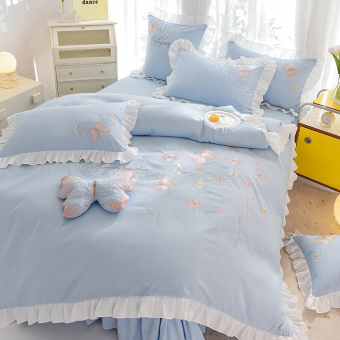 91家纺网 家纺一手货源 找家纺 欧冠 2023新款秋冬保暖云锦棉刺绣花边春卉系列四件套 春卉-慕蓝