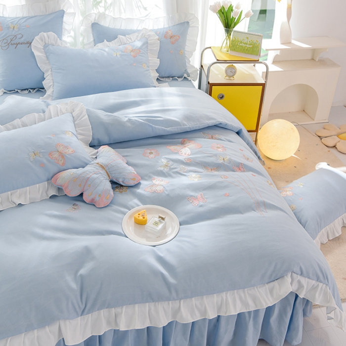 91家纺网 家纺一手货源 找家纺 欧冠 2023新款秋冬保暖云锦棉刺绣花边春卉系列四件套 春卉-慕蓝