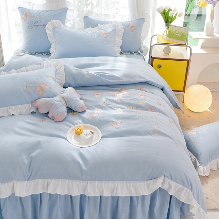 91家纺网 家纺一手货源 找家纺 欧冠 2023新款秋冬保暖云锦棉刺绣花边春卉系列四件套 春卉-慕蓝