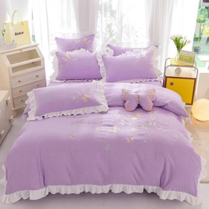 欧冠 2023新款秋冬保暖云锦棉刺绣花边春卉系列四件套 春卉-紫色