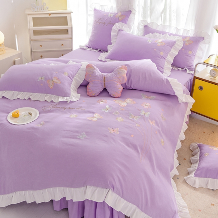 91家纺网 家纺一手货源 找家纺 欧冠 2023新款秋冬保暖云锦棉刺绣花边春卉系列四件套 春卉-紫色