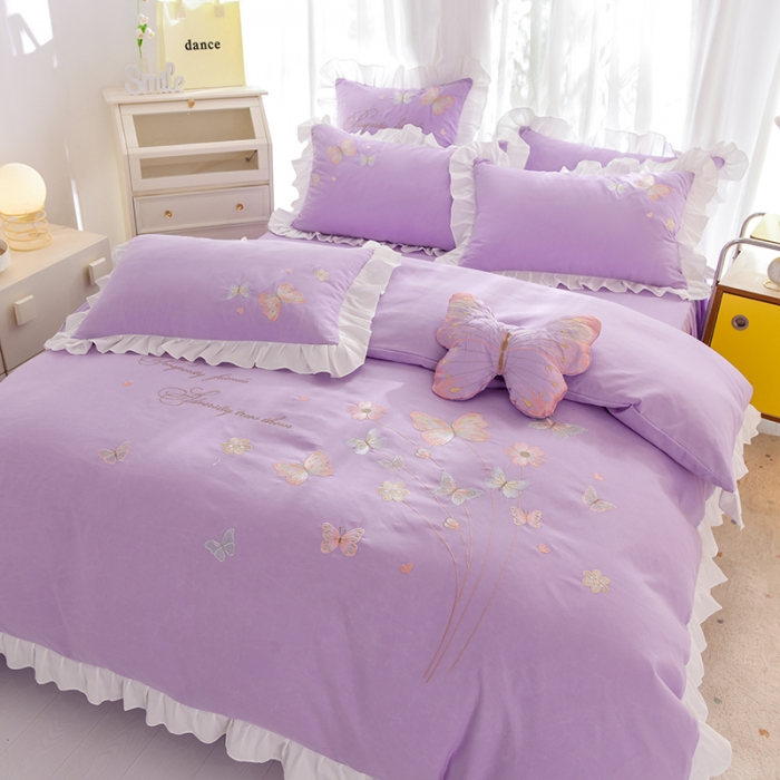 91家纺网 家纺一手货源 找家纺 欧冠 2023新款秋冬保暖云锦棉刺绣花边春卉系列四件套 春卉-紫色