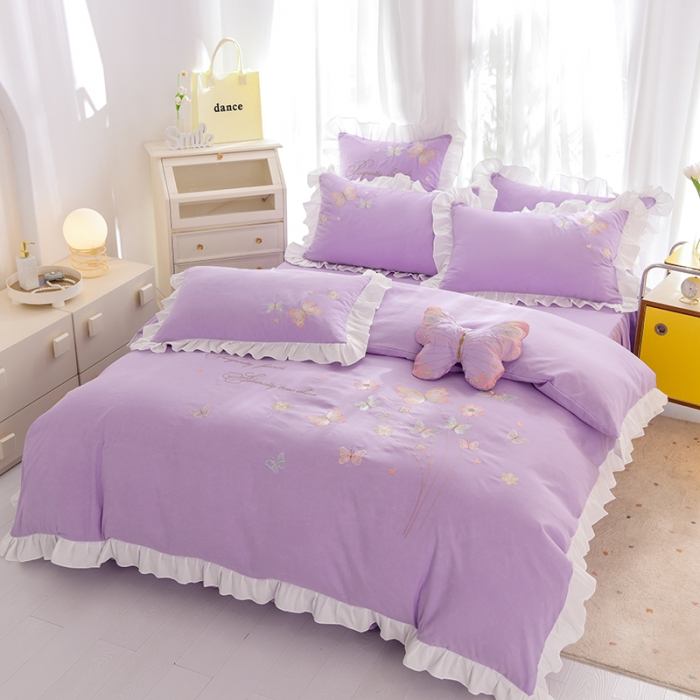 91家纺网 家纺一手货源 找家纺 欧冠 2023新款秋冬保暖云锦棉刺绣花边春卉系列四件套 春卉-紫色