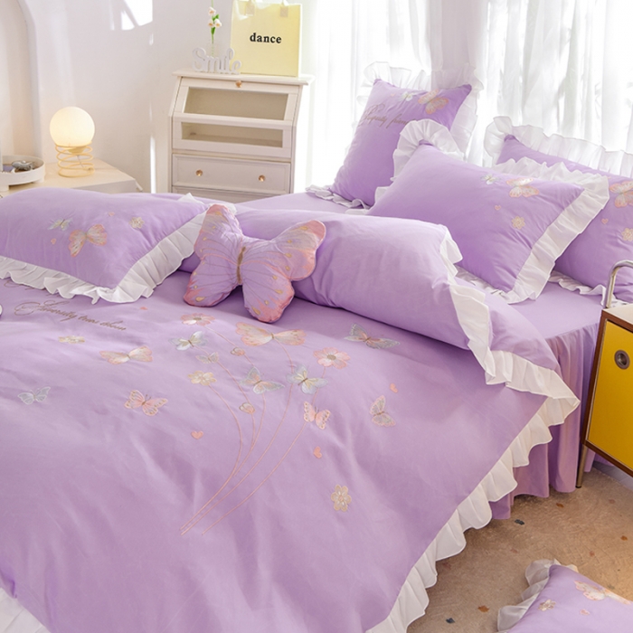 91家纺网 家纺一手货源 找家纺 欧冠 2023新款秋冬保暖云锦棉刺绣花边春卉系列四件套 春卉-紫色