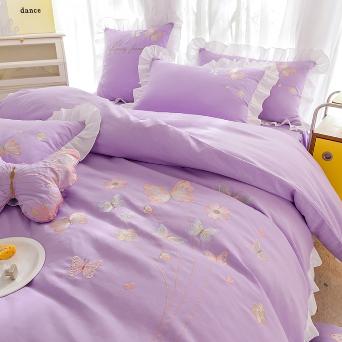 91家纺网 家纺一手货源 找家纺 欧冠 2023新款秋冬保暖云锦棉刺绣花边春卉系列四件套 春卉-紫色