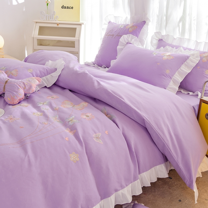 91家纺网 家纺一手货源 找家纺 欧冠 2023新款秋冬保暖云锦棉刺绣花边春卉系列四件套 春卉-紫色