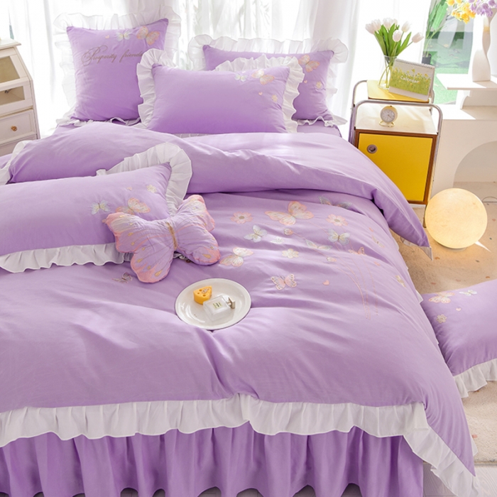 91家纺网 家纺一手货源 找家纺 欧冠 2023新款秋冬保暖云锦棉刺绣花边春卉系列四件套 春卉-紫色