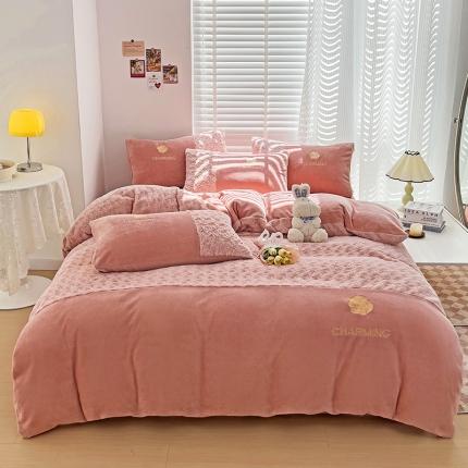 91家纺网 家纺一手货源 找家纺 总眷恋2025直播爆款兔毛绒兔兔绒立体剪花刺绣拼接牛奶绒四件套玫瑰之恋