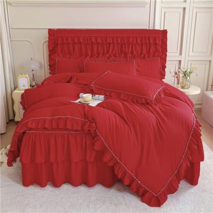 十个点 2024新款水洗棉磨毛夹棉纤缝床裙套件星辰系列-四件套 大红