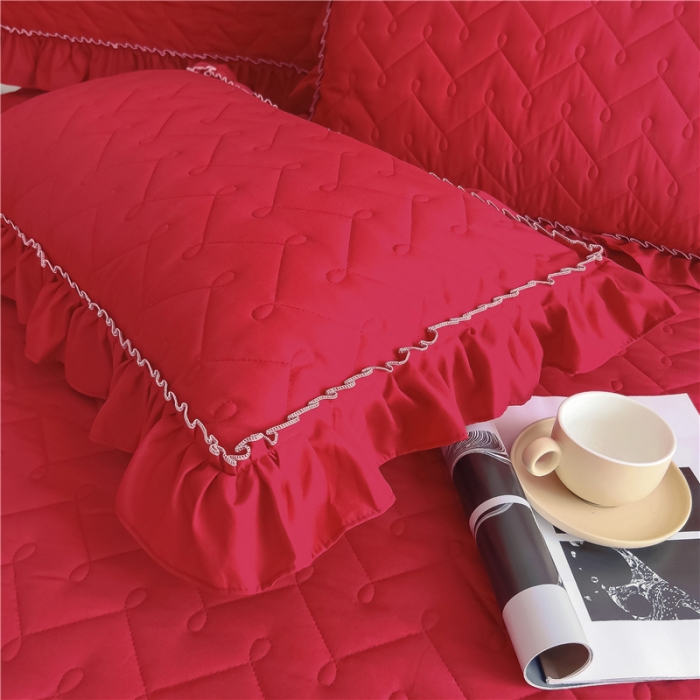 91家纺网 家纺一手货源 找家纺 十个点 2024新款水洗棉磨毛夹棉纤缝床裙套件星辰系列-四件套 大红