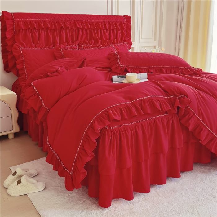 91家纺网 家纺一手货源 找家纺 十个点 2024新款水洗棉磨毛夹棉纤缝床裙套件星辰系列-四件套 大红