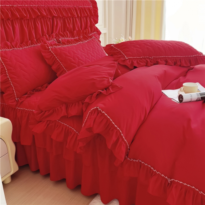 91家纺网 家纺一手货源 找家纺 十个点 2024新款水洗棉磨毛夹棉纤缝床裙套件星辰系列-四件套 大红