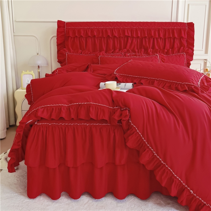 91家纺网 家纺一手货源 找家纺 十个点 2024新款水洗棉磨毛夹棉纤缝床裙套件星辰系列-四件套 大红