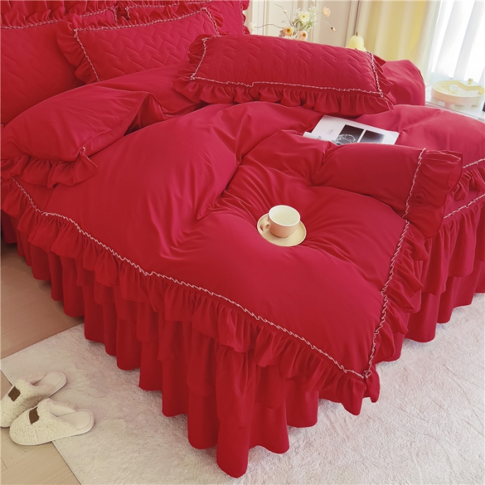 91家纺网 家纺一手货源 找家纺 十个点 2024新款水洗棉磨毛夹棉纤缝床裙套件星辰系列-四件套 大红