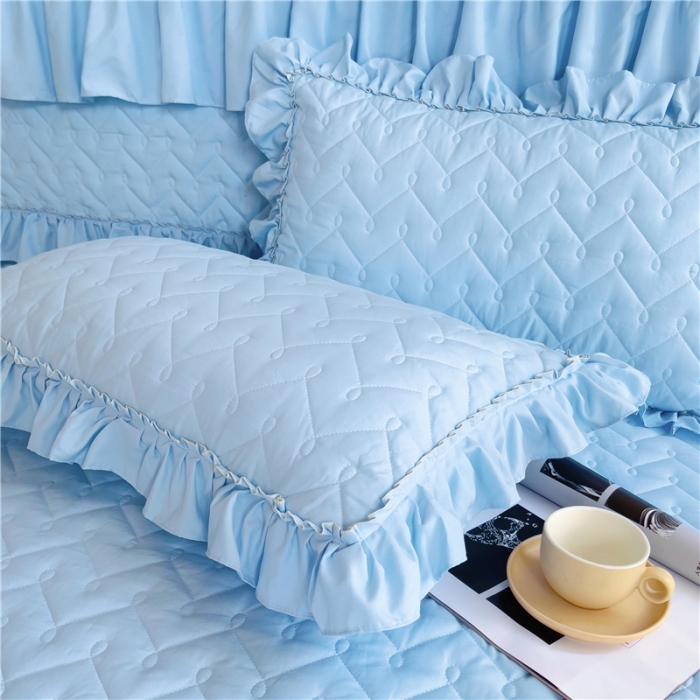 91家纺网 家纺一手货源 找家纺 十个点 2024新款水洗棉磨毛夹棉纤缝床裙套件星辰系列-四件套 湖蓝