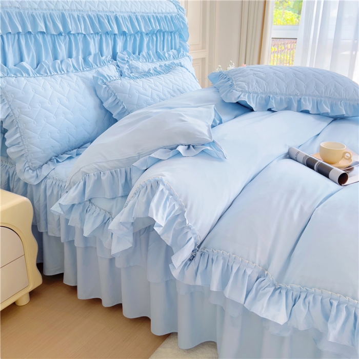 91家纺网 家纺一手货源 找家纺 十个点 2024新款水洗棉磨毛夹棉纤缝床裙套件星辰系列-四件套 湖蓝