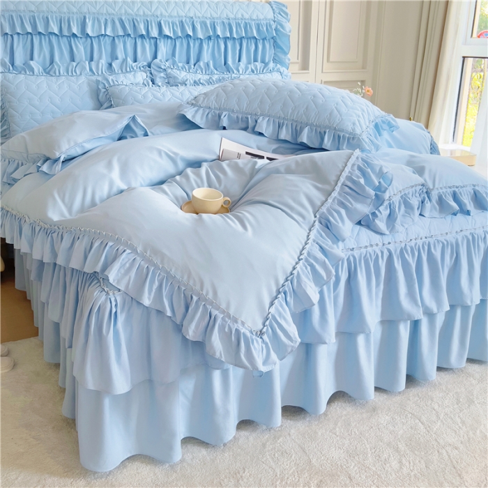 91家纺网 家纺一手货源 找家纺 十个点 2024新款水洗棉磨毛夹棉纤缝床裙套件星辰系列-四件套 湖蓝