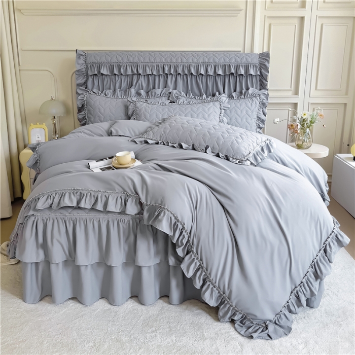 91家纺网 家纺一手货源 找家纺 十个点 2024新款水洗棉磨毛夹棉纤缝床裙套件星辰系列-四件套 灰色