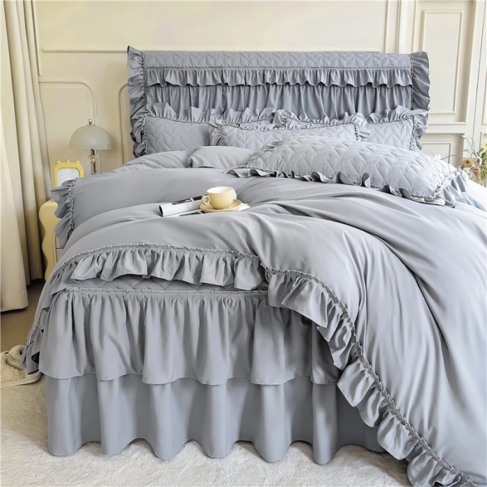 91家纺网 家纺一手货源 找家纺 十个点 2024新款水洗棉磨毛夹棉纤缝床裙套件星辰系列-四件套 灰色