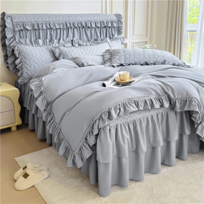 91家纺网 家纺一手货源 找家纺 十个点 2024新款水洗棉磨毛夹棉纤缝床裙套件星辰系列-四件套 灰色