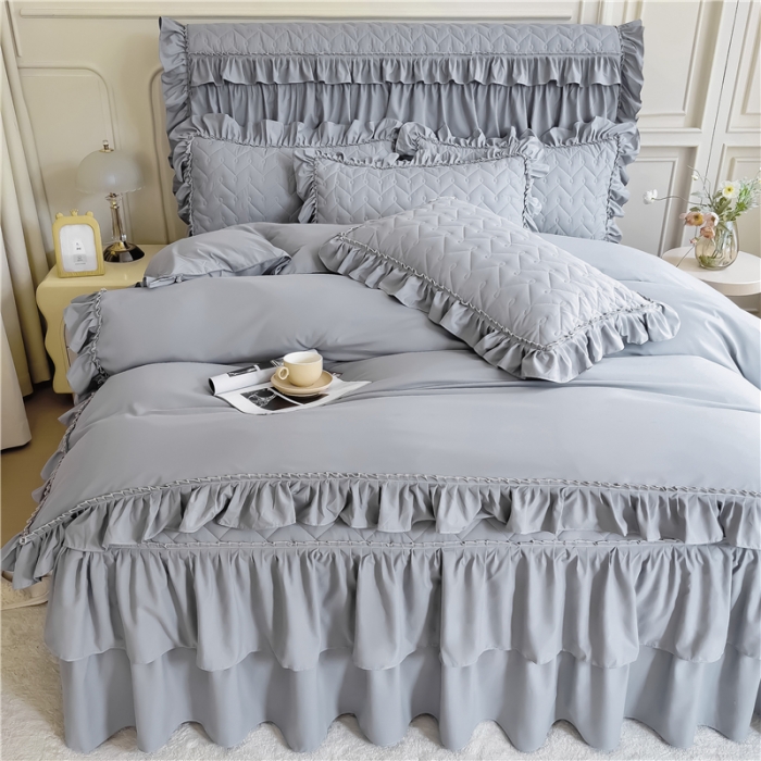 91家纺网 家纺一手货源 找家纺 十个点 2024新款水洗棉磨毛夹棉纤缝床裙套件星辰系列-四件套 灰色