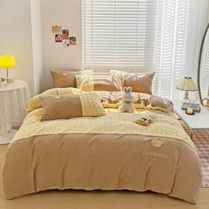 91家纺网 家纺一手货源 找家纺 眷恋 2024新款兔毛牛奶绒四件套 玫瑰之恋-奶油黄+咖