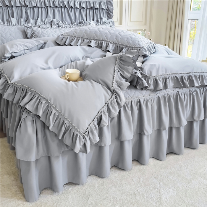 91家纺网 家纺一手货源 找家纺 十个点 2024新款水洗棉磨毛夹棉纤缝床裙套件星辰系列-四件套 灰色