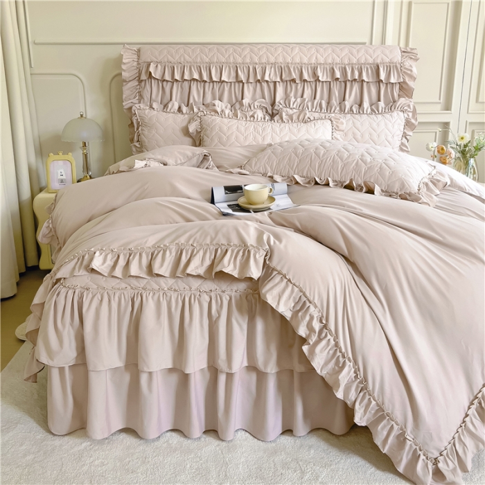 91家纺网 家纺一手货源 找家纺 十个点 2024新款水洗棉磨毛夹棉纤缝床裙套件星辰系列-四件套 浅驼