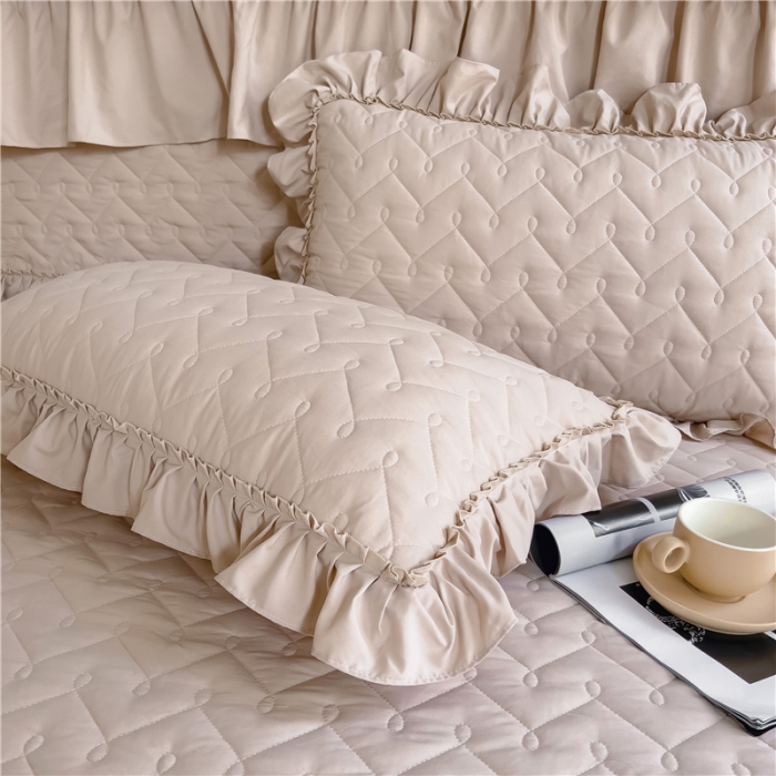 91家纺网 家纺一手货源 找家纺 十个点 2024新款水洗棉磨毛夹棉纤缝床裙套件星辰系列-四件套 浅驼