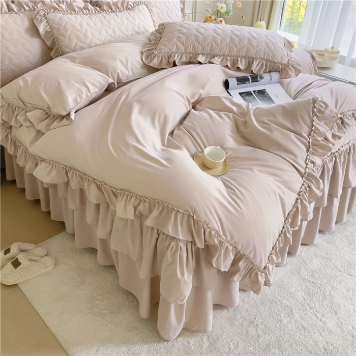 91家纺网 家纺一手货源 找家纺 十个点 2024新款水洗棉磨毛夹棉纤缝床裙套件星辰系列-四件套 浅驼