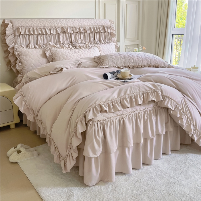 91家纺网 家纺一手货源 找家纺 十个点 2024新款水洗棉磨毛夹棉纤缝床裙套件星辰系列-四件套 浅驼