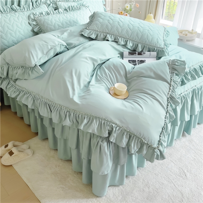 91家纺网 家纺一手货源 找家纺 十个点 2024新款水洗棉磨毛夹棉纤缝床裙套件星辰系列-四件套 水兰