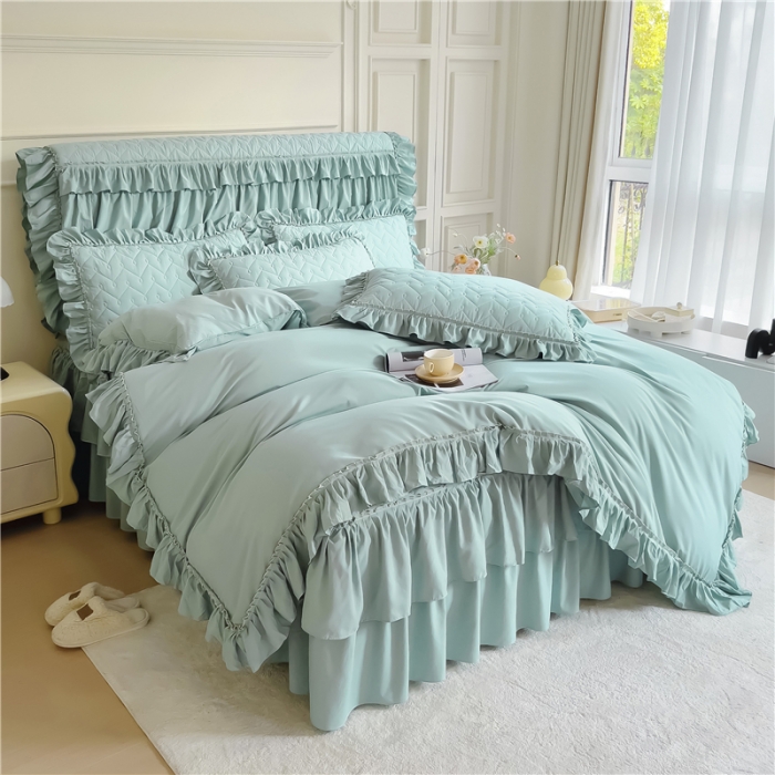 91家纺网 家纺一手货源 找家纺 十个点 2024新款水洗棉磨毛夹棉纤缝床裙套件星辰系列-四件套 水兰