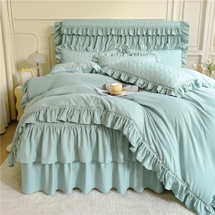 91家纺网 家纺一手货源 找家纺 十个点 2024新款水洗棉磨毛夹棉纤缝床裙套件星辰系列-四件套 水兰