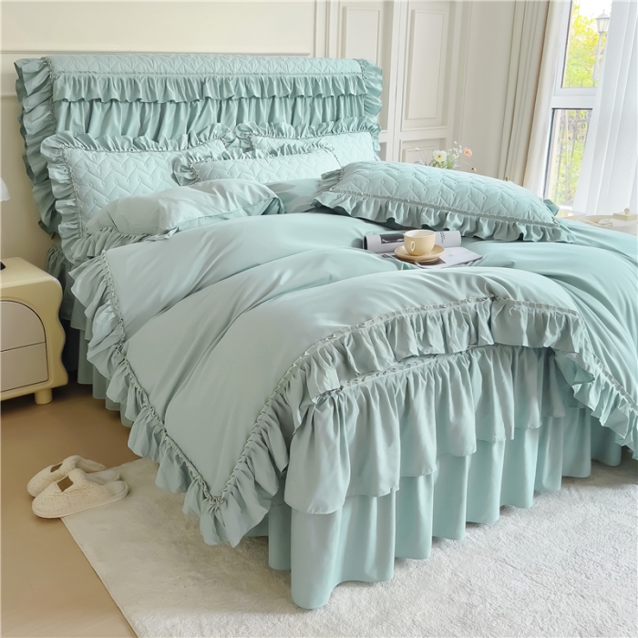 91家纺网 家纺一手货源 找家纺 十个点 2024新款水洗棉磨毛夹棉纤缝床裙套件星辰系列-四件套 水兰