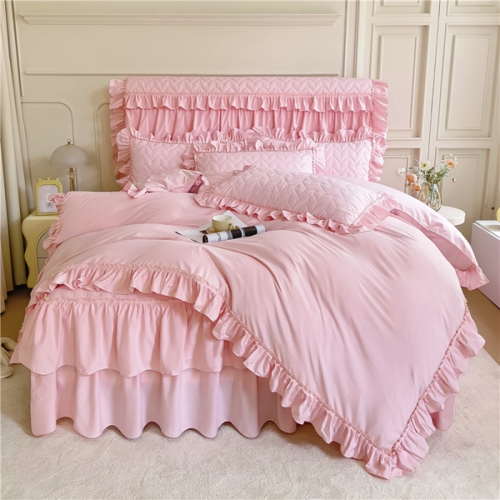 91家纺网 家纺一手货源 找家纺 十个点 2024新款水洗棉磨毛夹棉纤缝床裙套件星辰系列-四件套 玉粉