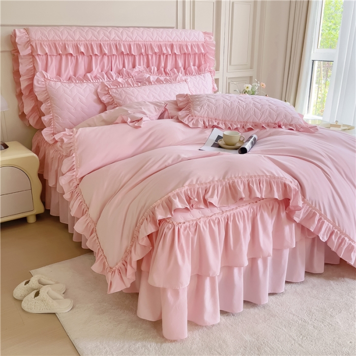 91家纺网 家纺一手货源 找家纺 十个点 2024新款水洗棉磨毛夹棉纤缝床裙套件星辰系列-四件套 玉粉