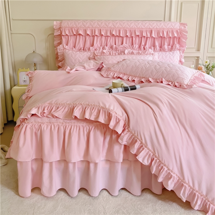 91家纺网 家纺一手货源 找家纺 十个点 2024新款水洗棉磨毛夹棉纤缝床裙套件星辰系列-四件套 玉粉