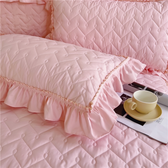 91家纺网 家纺一手货源 找家纺 十个点 2024新款水洗棉磨毛夹棉纤缝床裙套件星辰系列-四件套 玉粉