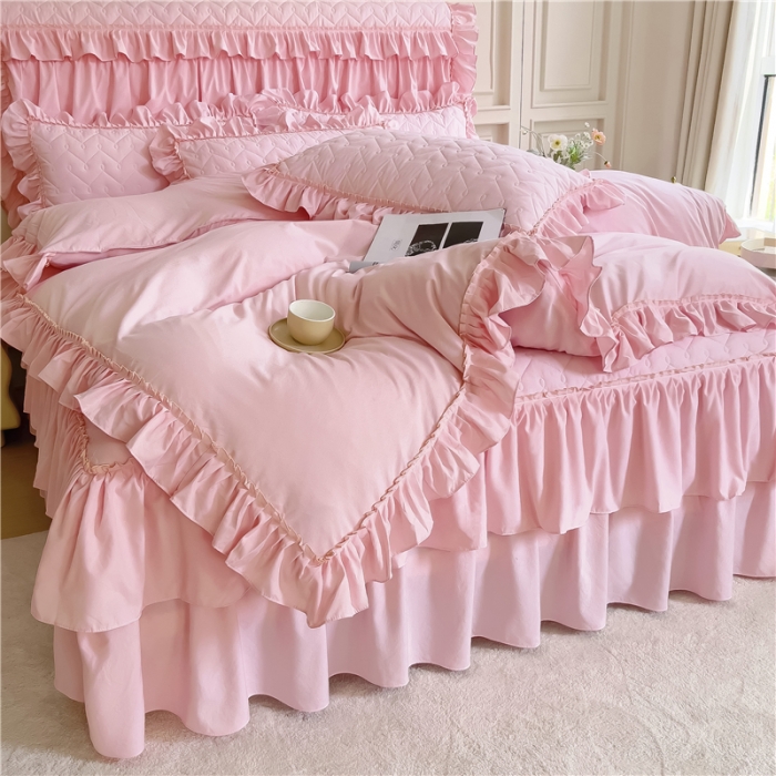 91家纺网 家纺一手货源 找家纺 十个点 2024新款水洗棉磨毛夹棉纤缝床裙套件星辰系列-四件套 玉粉