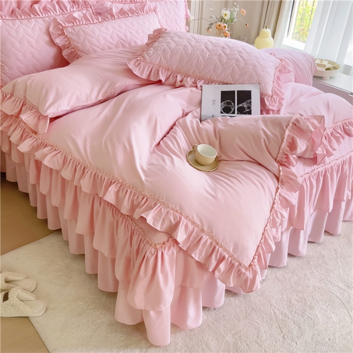 91家纺网 家纺一手货源 找家纺 十个点 2024新款水洗棉磨毛夹棉纤缝床裙套件星辰系列-四件套 玉粉