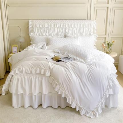 十个点 2024新款水洗棉磨毛夹棉纤缝床裙套件星辰系列-四件套 珠光白